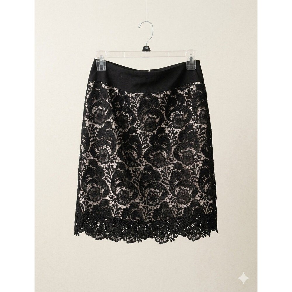 Gracia Black Lace Skirt Mini Pencil Sheer Overlay White Lined Sexy Elegant